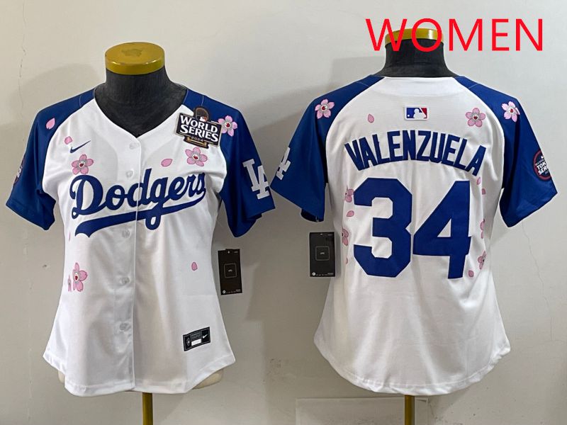 Women Los Angeles Dodgers #34 Valenzuela White Blue Sakura Edition 2025 Nike MLB Jersey style 35->women mlb jersey->Women Jersey